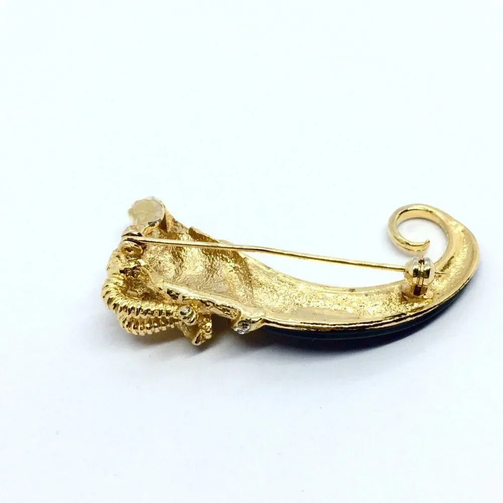 VINTAGE RAM BROOCH Black Enamel Horn Rhinestone Gold Tone Aries Statement Pin